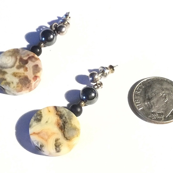 Sterling Silver, Agate, Onyx, Hematite Drops Pierced Earrings - Picture 2 of 3